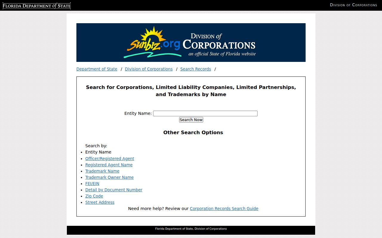 Sunbiz business entity search for North Miami names