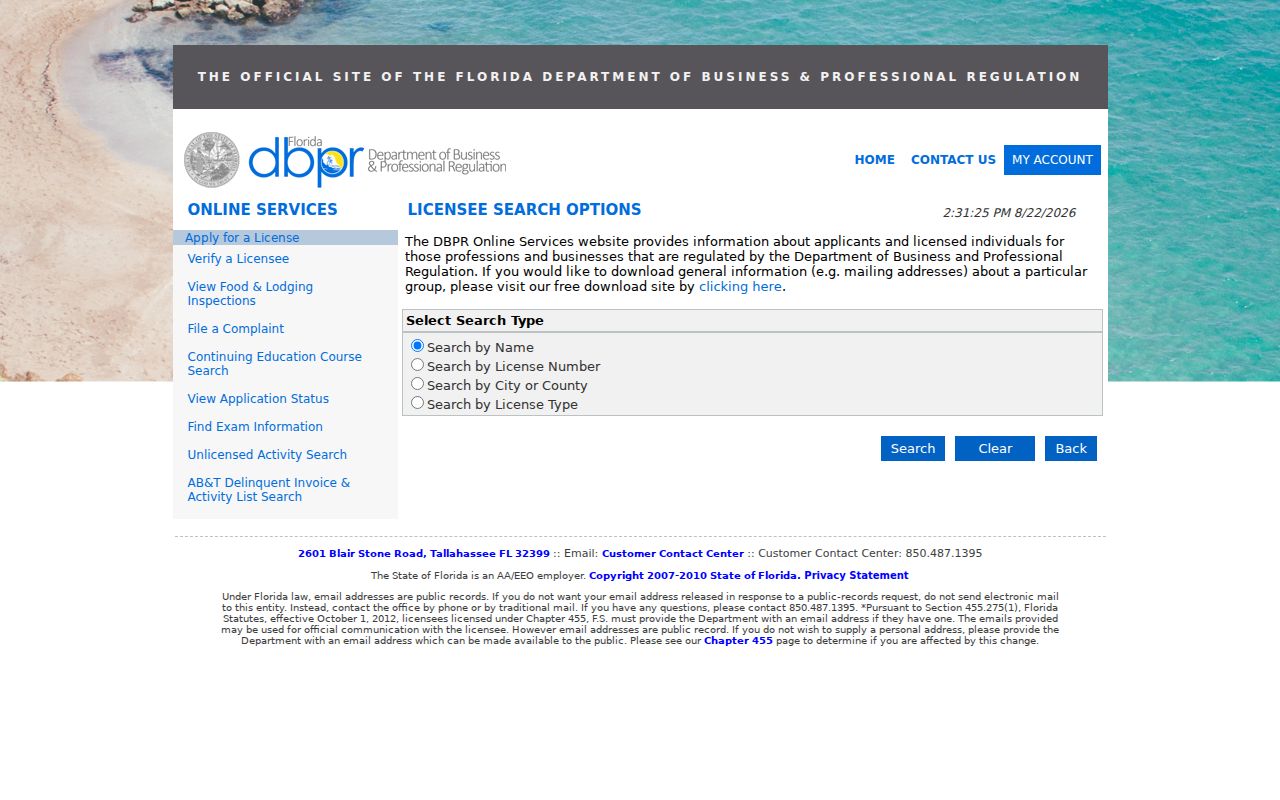 Florida DBPR license search for North Miami licensees